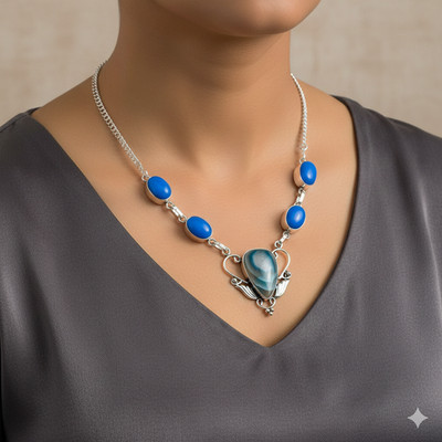 Natural Blue Druzy Slice,Chalcedony Gemstone 925  Silver Necklace m947