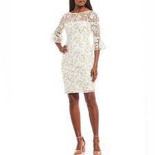 NWT Adrianna Papell Floral Lace Sheath Dress Size 6 Ivory/Gold 3/4 Bell Sleeves