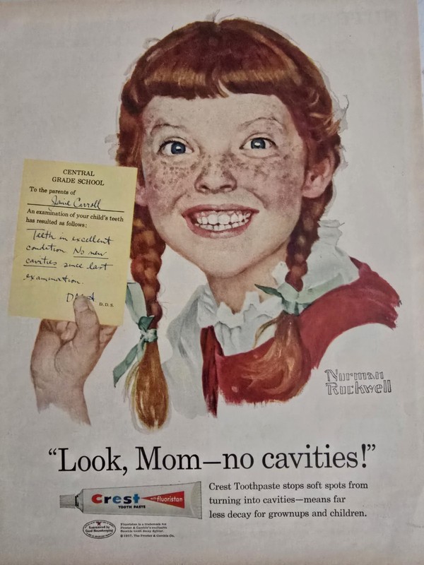 1957 Crest Toothpaste,  redhead girl braids Norman Rockwell art Vintage Ad 