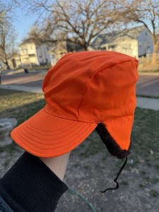 Eddie Bauer Orange Trapper Hat Ball Cap Faux Fur Ear Flaps Winter Warm Hunting