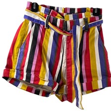 Express Extreme High Rise Shortie Denim Colorful Strip Shorts Red Pink Bold 0