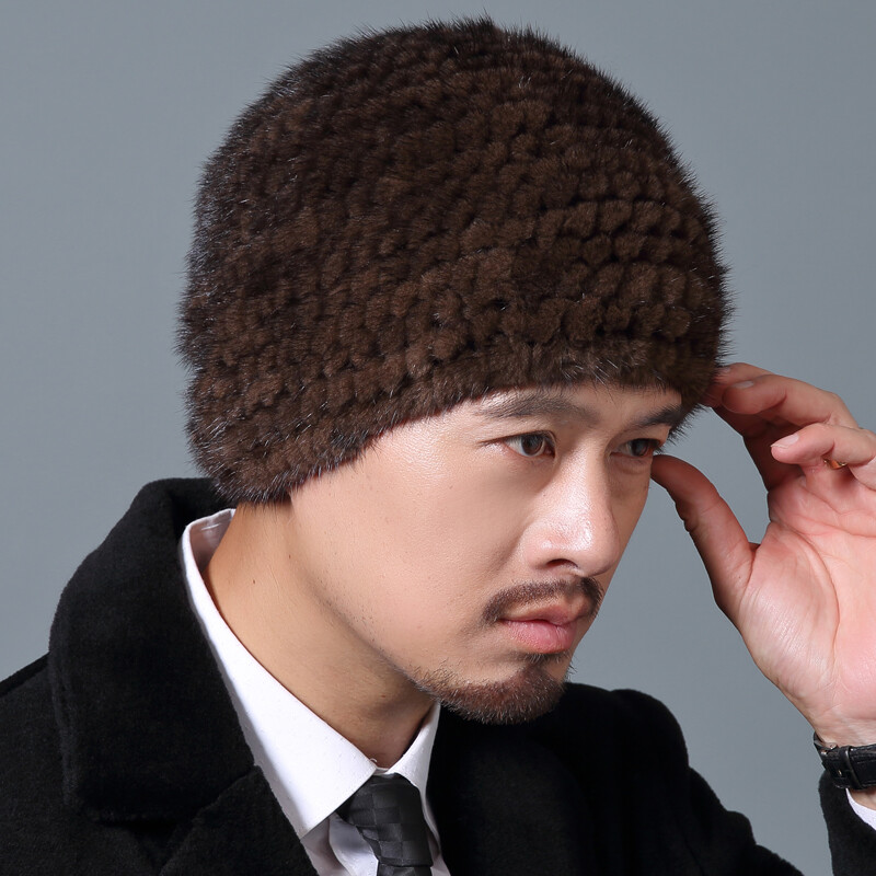 100% Real Genuine Mink Fur Knit Soft Fur Hat Men's Skullcap Hat