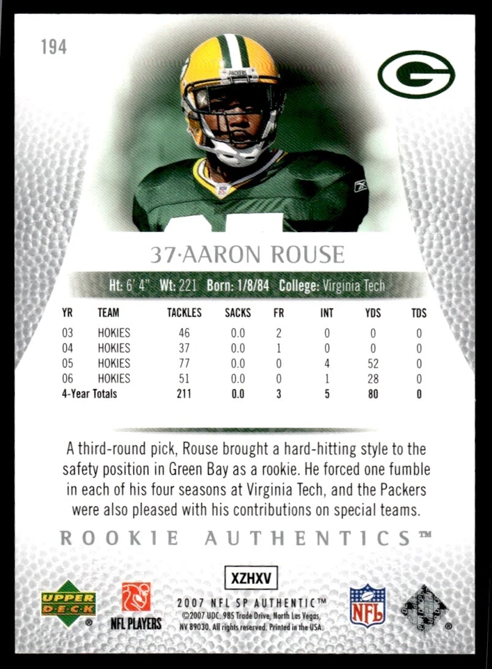 2007 SP Authentic Aaron Rouse Rookie 524/999 Green Bay Packers #194 R8 - Image 2 of 2
