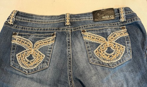 Pantalones de mezclilla Grace In LA para mujer 31 vaquera adornados Western elásticos lavado bigote - Imagen 12 de 12