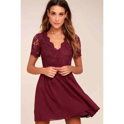 Burgundy Lace Skater Dress | Womens | Medium | 100% Polyester | Lulus