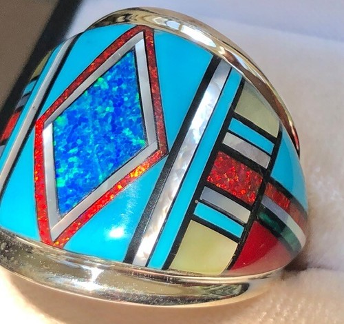 Large Turquoise Red Opal HOT Racing stripes Men's ring Italian 9 Silver S - Afbeelding 1 van 12