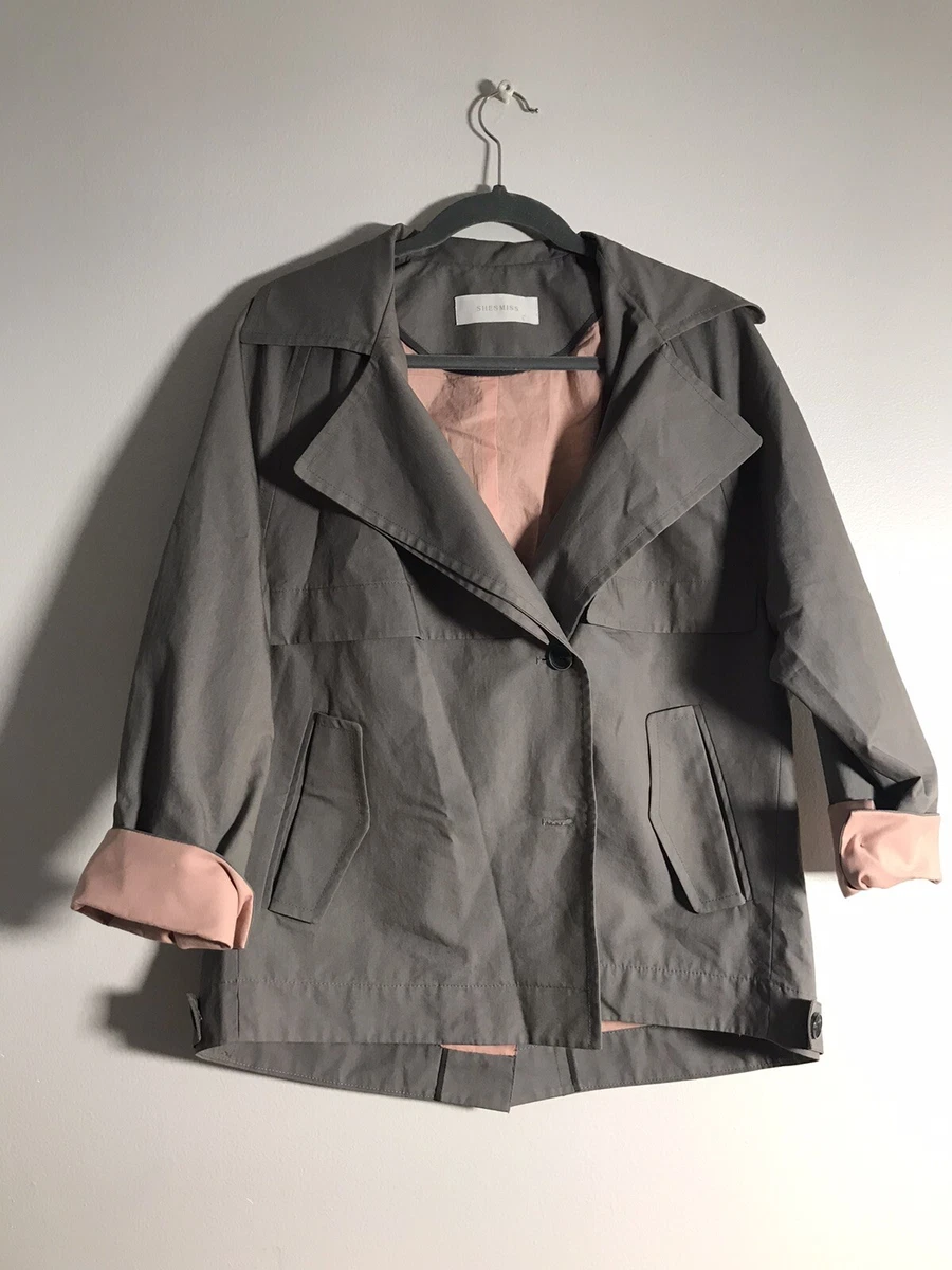 Shesmiss Light Greygreen With Pink Lining Jacket Size Large Rolled Sleeves  | eBay