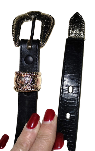 Black Leather and Silver Hearts Chain Link Belt - sz 32 - Picture 3 of 7