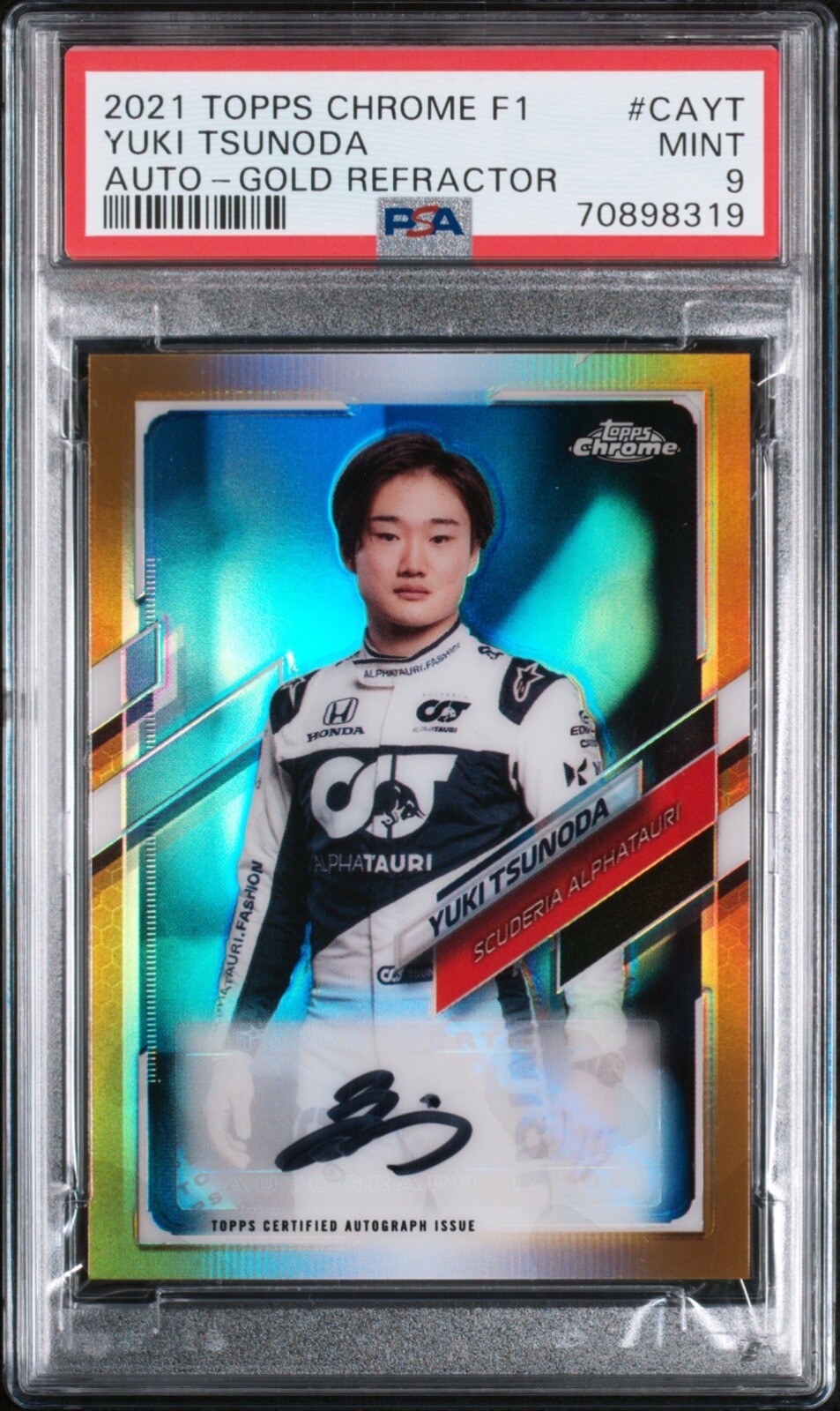 2021 topps chrome formula 1 yuki tsunoda gold autograph refractor 44/50 psa 9