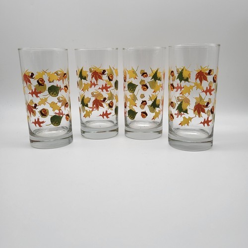 Set Of 4 Libbey Crisa Glasses Tumblers - Autumn Leaves & Acorns - 16-ounce