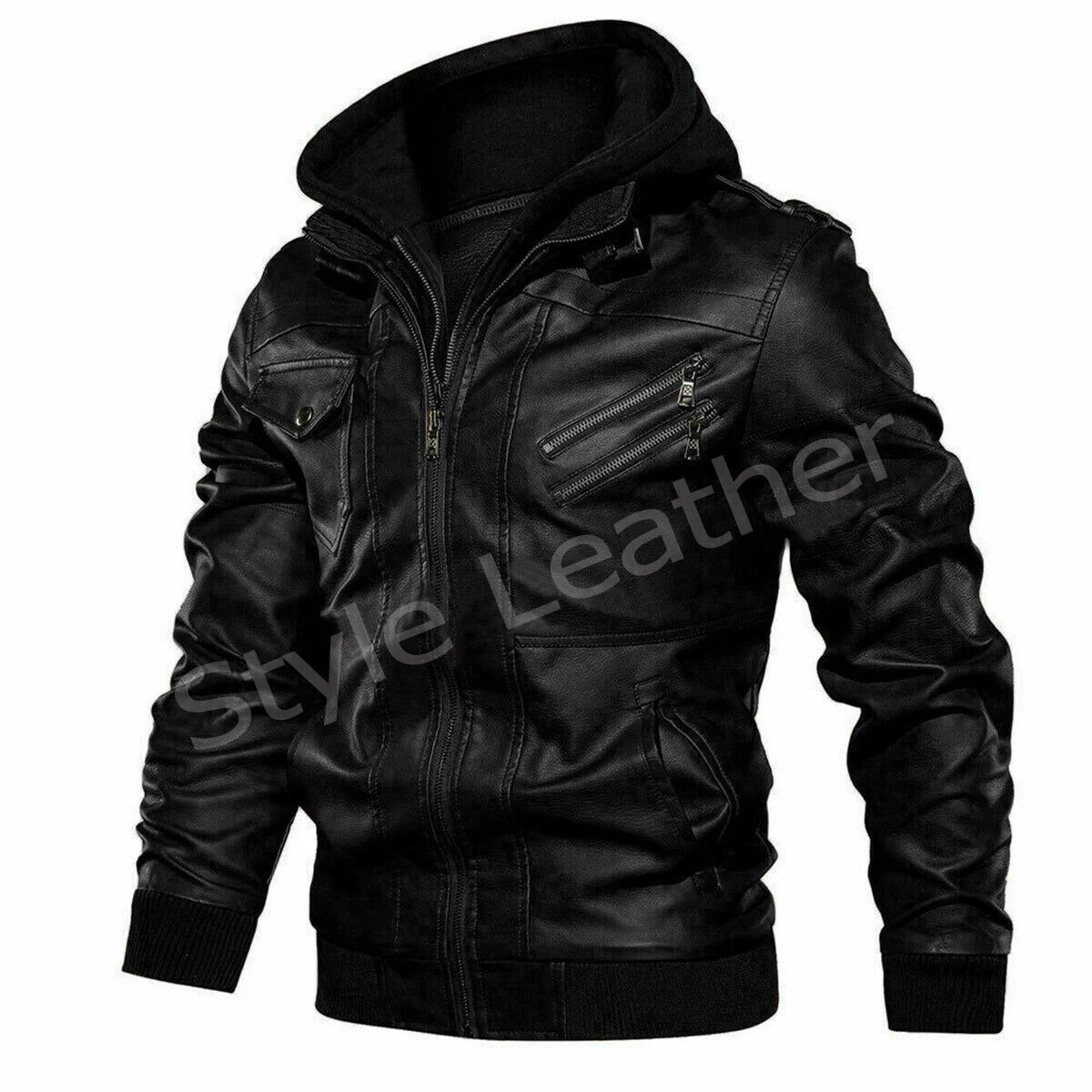 Leather coat top with hoodie