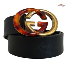 Authentic Gucci Black Calfskin Leather Tortoise Gold Interlocking G Belt 80/32