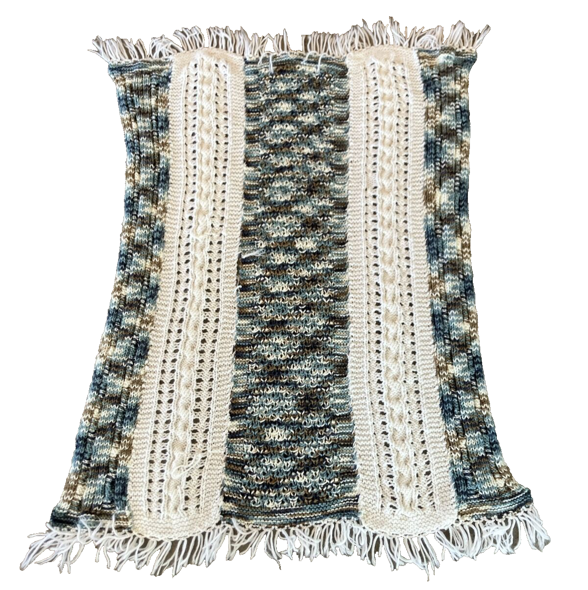Handmade Blanket Retro Granny Blues Tan White Crochet Afghan  42”x 34” SOFT