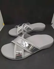 NEW Vionic Merced Womens Cross Strap Slide Sandals - Silver Size 8