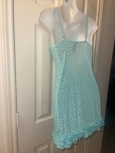 Victorias Secret Sexy Little Thing Aqua Lace Stretchy Ruffles Slip Babydoll Sz M - Picture 12 of 16