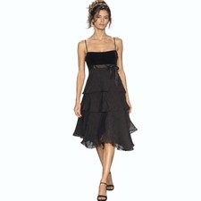 Vintage 90s Silk Midi Dress Velvet Babydoll Ruffle Cocktail 10 Coquette Ballet