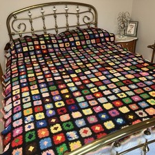 Vtg Granny Square Handmade Crochet Wool Afghan 61x78 Multicolor Black Roseanne