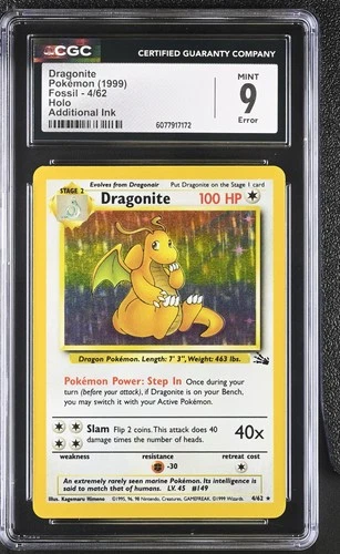 CGC 9 Dragonite 1999 Fossil Additional Ink ERROR 4/62 Holo Pokemon Card