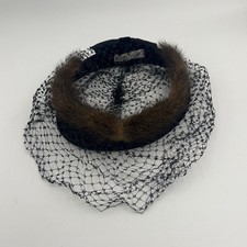 Women's Vintage Fascinator Hat Black Fur Trimmed Front Veil 1940's Era