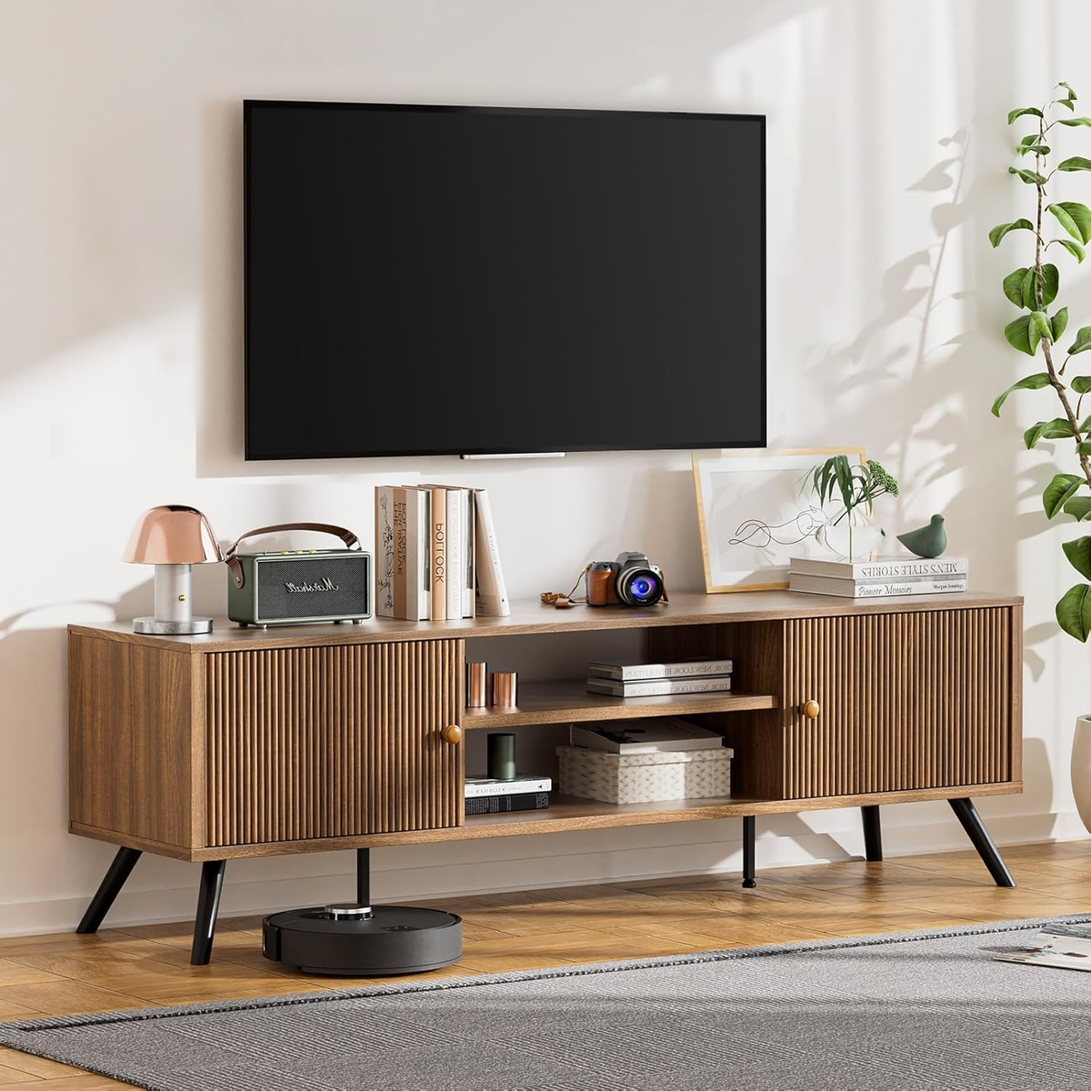 Mid Century Modern TV Stand for 55-65 Inch TVs with Storage, Retro