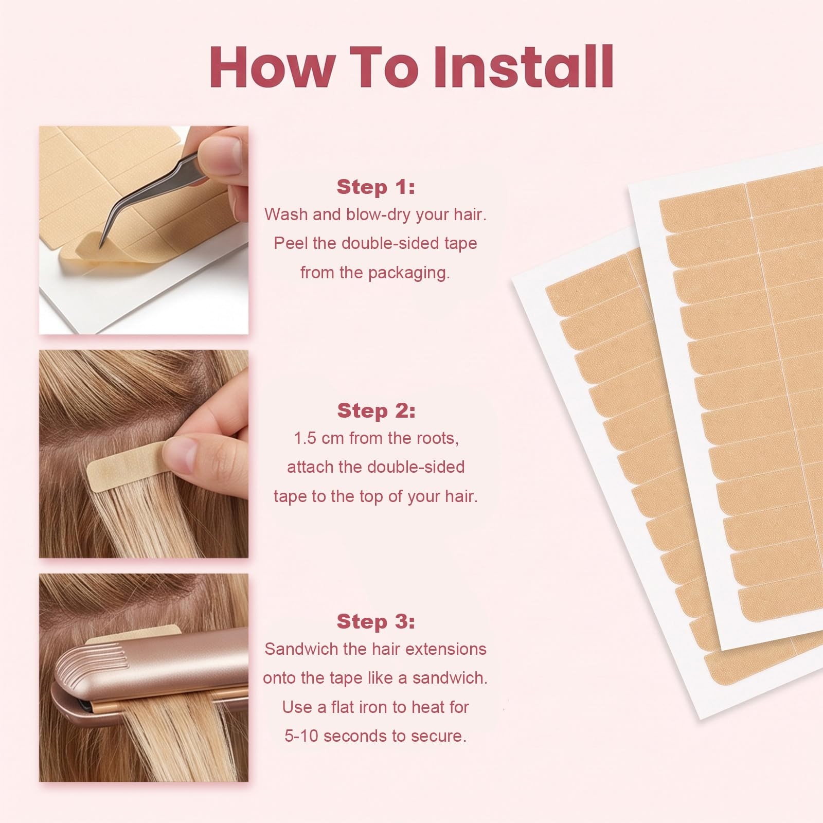 Extension Pink Layout. 240 PCS Hair Extension Tape, Double Sided Adhesive 10*5cm (4*0.8cm per ...