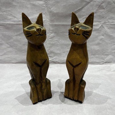 2x Holz Holz geschnitzt Katze Ständer 10'' hoch Paar Deko Heimdekoration