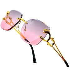 Hip Hop Women Men Sunglasses Pink Rimless Luxury Retro Shades Gold Metal Lentes