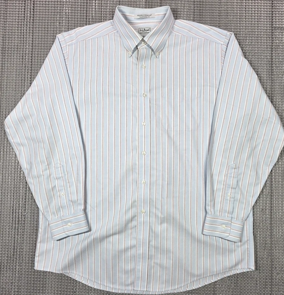 L.L. Bean Button Up Shirt 16.5-34 Reg Blue Stripe Traditional Oxford Long Sleeve - Image 2 of 4