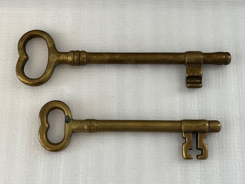 Two (2) Antique/Vintage 6” Brass Skeleton Keys