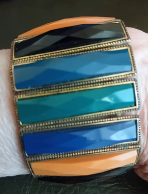 ancien bracelet manchette pierres rectangulaires multicolore extensible - Photo 1/4