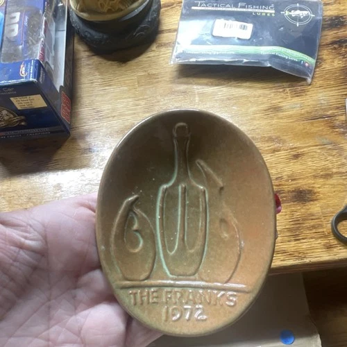 Frankoma Christmas Decorative Brown Ceramic Ashtray Oval 1972 Glossy Pottery