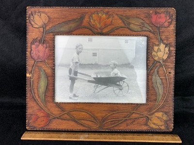 Vintage Flemish Art Pyrography Painted Floral Picture Frame Signed Allyn