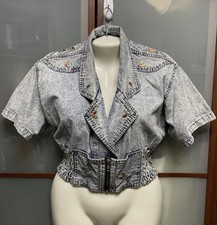 Vintage 80s Womens Acid Wash Blue Denim Gem Studded Cropped Ruched Jean Jacket