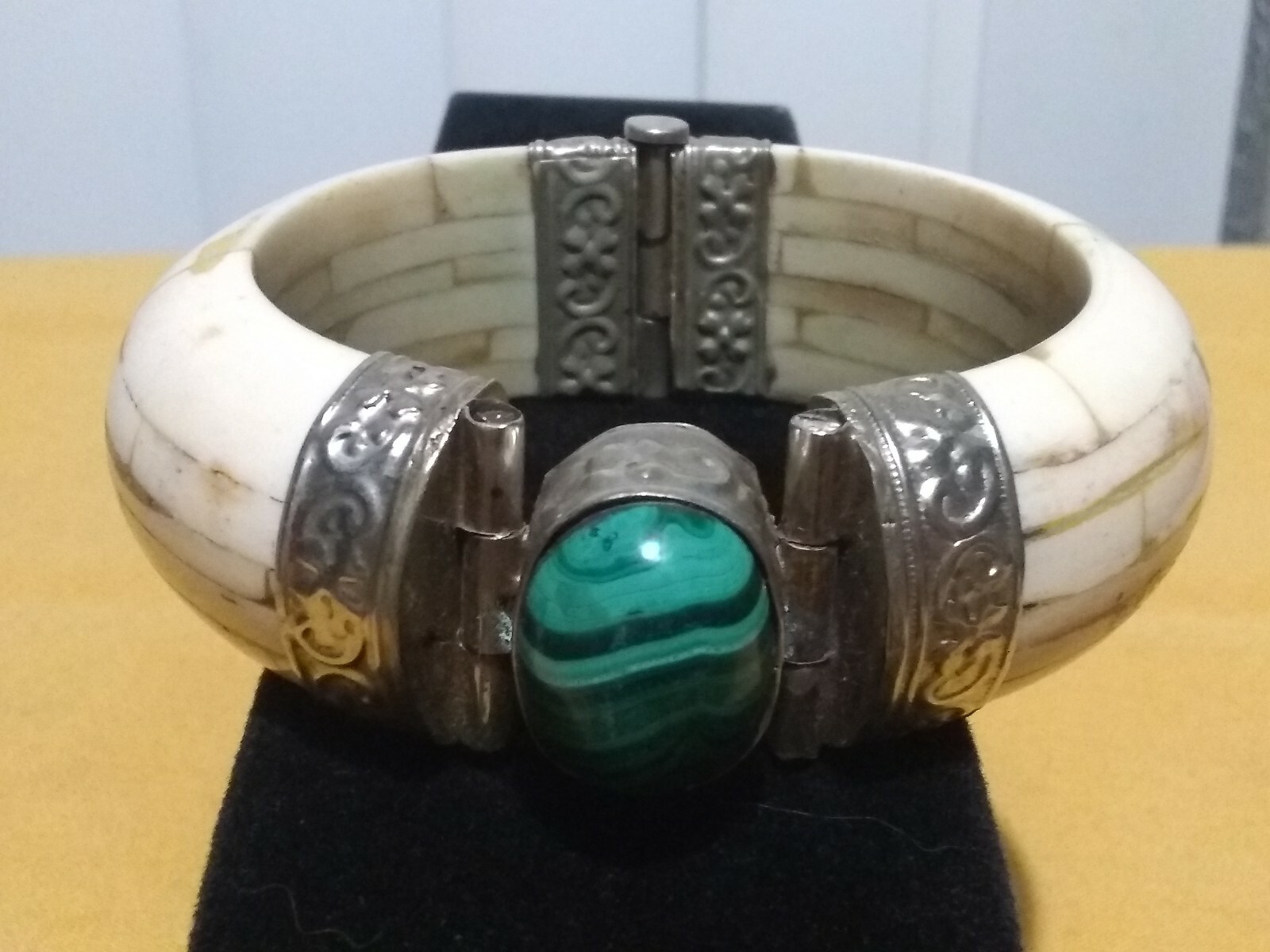 Middle Eastern Silver Malachite Stone Hinge Brace… - image 7