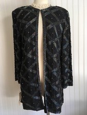 NOS True VINTAGE 80's BLACK Silk CARNIVAL Glass BEADED JACKET CRISS CROSS 38