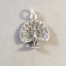 .925 Sterling Silver 3-D PEACOCK CHARM Pendant Bird 925 BI46