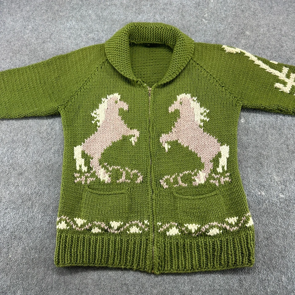 Suéter Cowichan De Colección Para Hombres XL Verde Cremallera Completa Mantón de Lana Nativo Rueda de la Paz Años 50 Foto 3 de 4