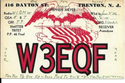 QSL  1936 Trenton NJ   W3EQF radio card   
