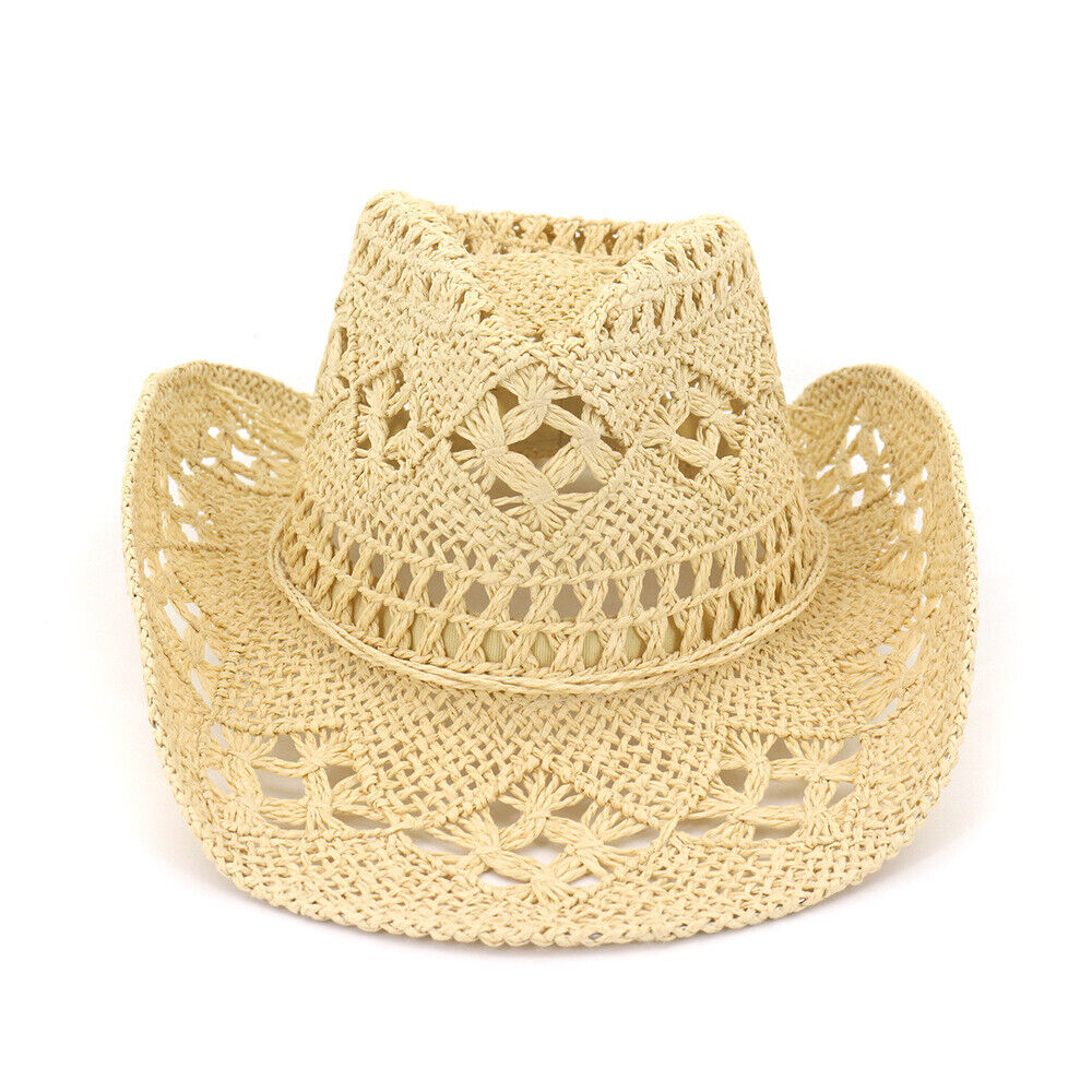 Straw Summer Cowboy Cowgirl Hat Hand Knitting Western Hollow Out Womens Sun Hat