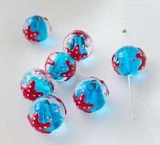 10pcs Handmade Lampwork Glass Beads red Starfish on blue Round Charms 12 12mm