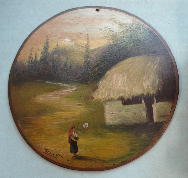 Hand Hammered Oil Painted Copper Hanging Chime w Woman Cottage Mountain Signed