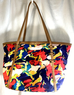 Alexis Bendel  Multi Bright Watercolors Fabric Tote Magnetic Top DBL Handles LG