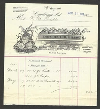 1904 Invoice Cambridge Mfg Dorchester Mills Corn Flour & Feed Hominy Lumber Box