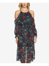 1. STATE Womens Black Floral Bell Sleeve Tea Length Shift Dress Size: XS