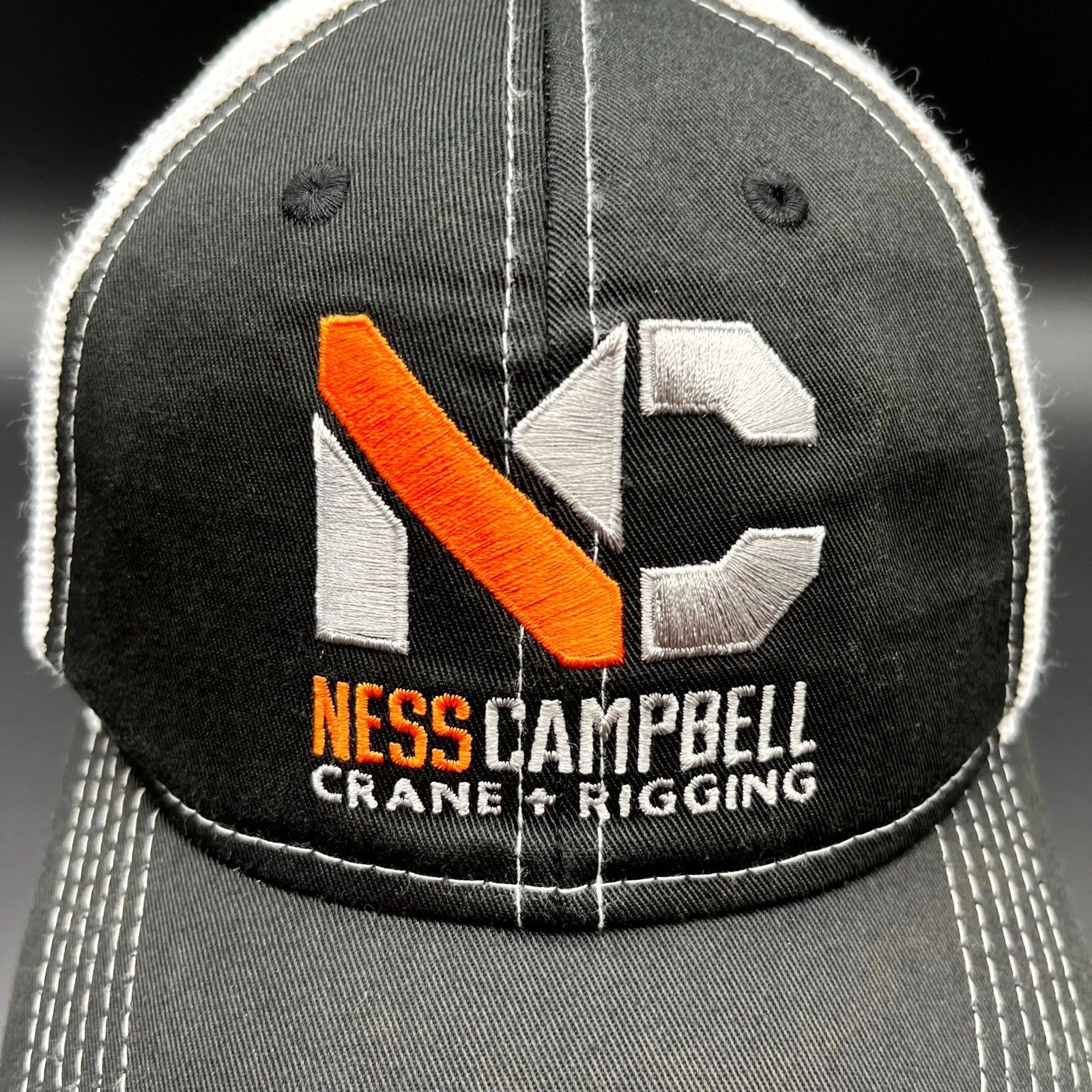 Ness Campbell Crane & Rigging Hat Platinum Mens One Size Black Trucker Cap Mesh