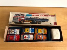 Sanyu Friction Powered Auto Transport Tin Toy Truck w 6 Cars Box Japan Vintage