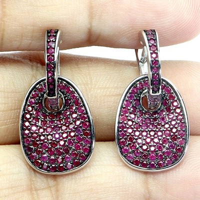 925 Sterling Silver Earrings Ruby Myanmar Round Diamond Cut Gemstone Jewelry