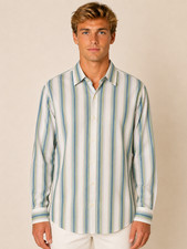 DKNY Men s Striped Classic Cut Dress Shirt Blue Green White Size XL 100 Cotton