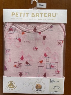Petit Bateau NWT Pink Birds Short Sl 100% Cotton Knit Bodyshirt-3 Mos (60cm)