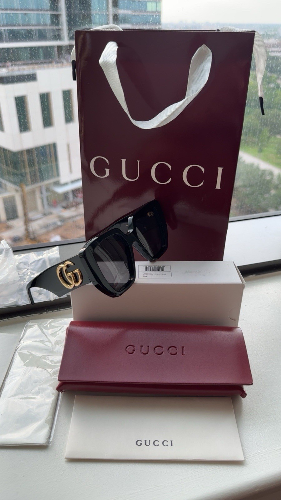 Gucci GG 0956S 003 Oversized Sunglasses Black Gold Cat Eye Grey Lens, 54mm